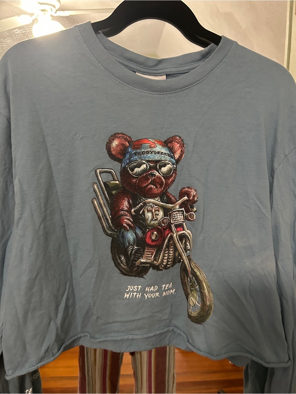 Teddy fresh cropped  Blue Graphic Bear Motorcycle Long-Sleeve Top